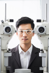 Asian man visiting the ophthalmologist for an eye exam using the phoropter machine during eye care appointment. Person is having vision test at the optical store. Optical diagnostic consultation.