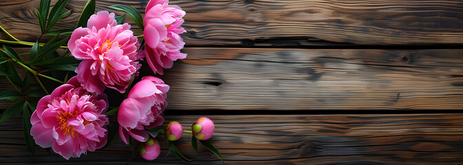 pink peonies on wooden table background top view