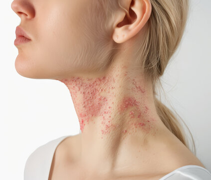 femme ayant une maladie de peau avec &eacute;ruptions cutan&eacute; sur le cou