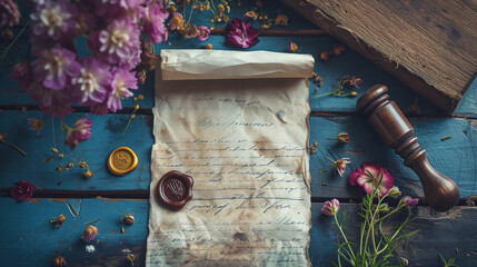 old love letter with illegible beautiful handwriting on a wooden table surrounded by beautiful fresh spring wildflowers - obrazy, fototapety, plakaty