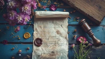 Foto op Plexiglas old love letter with illegible beautiful handwriting on a wooden table surrounded by beautiful fresh spring wildflowers © MYKHAILO KUSHEI