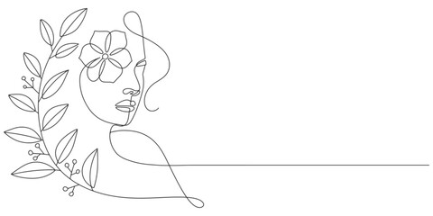 Women’s face line art style. International Women's Day continuous line art drawing. woman portrait with flower. Hand drawn feminine minimalistic modern art. Beauty and fashion concept.
