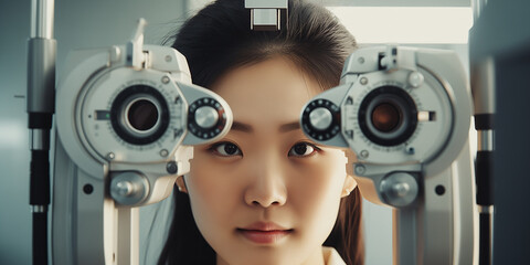Asian woman visiting the ophthalmologist for an eye exam using the phoropter machine during eye...