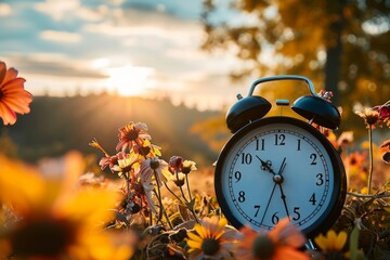 Daylight saving time ends. Alarm clock on beautiful nature background with summer flowers and autumn leaves. Summer time end and fall season coming. Clock turn backward to winter time. Generative AI