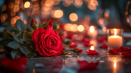 a romantic evening where there is one red rose on the table, lit candles and many scattered petals