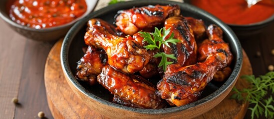 Delicious grilled chicken wings with tangy bbq sauce, served rustic-style.