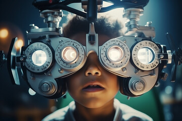 boy visiting the ophthalmologist for an eye exam using the phoropter machine during eye care...