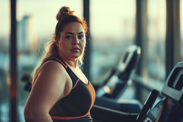 Fototapeta premium A young fat woman is exercising in the gym