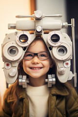 Young girl visiting the ophthalmologist for an eye exam using the phoropter machine during eye care appointment. Person is having vision test at the optical store. Optical diagnostic consultation.