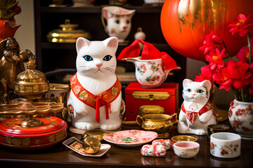 Chinese New Year decoration with lucky cat, lanterns and gold ingots