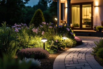 Modern gardening landscaping design details. Illuminated pathway in front of residential house. Landscape garden with ambient lighting system installation highlighting flowers, Generative AI - Powered by Adobe