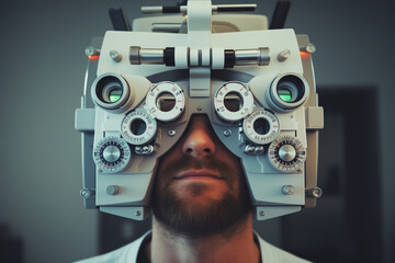 Man visiting the ophthalmologist for an eye exam using the phoropter machine during eye care...