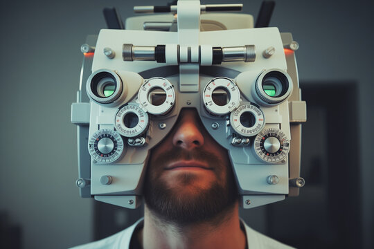 Man visiting the ophthalmologist for an eye exam using the phoropter machine during eye care appointment. Person is having vision test at the optical store. Optical diagnostic consultation.