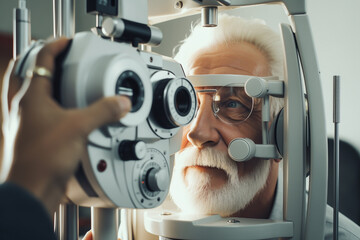 Senior man visiting the ophthalmologist for an eye exam using the phoropter machine during eye care...