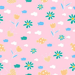 Seamless pattern with flowers and ladybugs. Vector illustration.