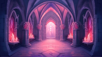 cartoon illustration Long medieval castle corridor with torches. Interior of ancient Palace with stone arch.
