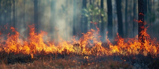 Burning young pine and forest fire illustrate wildfires or prescribed burning. - obrazy, fototapety, plakaty