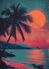 Tropical beach at sunset with palms and sea illustration