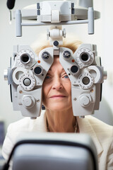 Senior woman visiting the ophthalmologist for an eye exam using the phoropter machine during eye care appointment. Person is having vision test at the optical store. Optical diagnostic consultation.