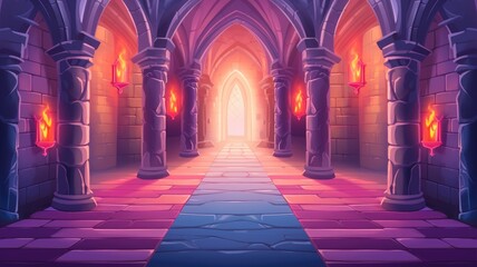 cartoon illustration Long medieval castle corridor with torches. Interior of ancient Palace with stone arch. - obrazy, fototapety, plakaty