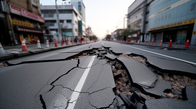 Earthquake in the city, cracks and faults on the road