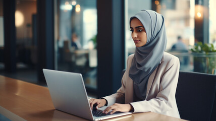 arab woman working on a laptop in office - obrazy, fototapety, plakaty