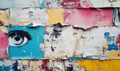 Old wrinkled grunge ripped torn placard posters background. White, pink, blue, yellow colors weathered advertising poster pieces on wall, Generative AI