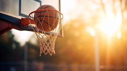 Ball in basketball hoop at sunrise - obrazy, fototapety, plakaty