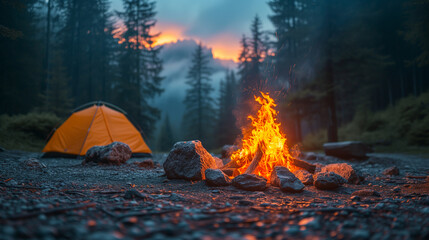a beautifully laid bonfire on a stony clearing in the middle of the forest near a yellow tent against the background of a mountain behind which the sun has set, a good place for camping 
