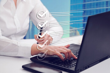  Survey form, check marks on checklist, document control, filling online form and answering...