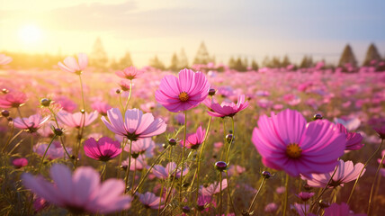 Obraz na płótnie Canvas Beautiful Cosmos flower field in the morning