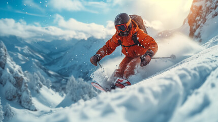 the moment of extreme freeride descent of a skier in a bright orange ski suit against the background of incredibly beautiful snowy wild mountains