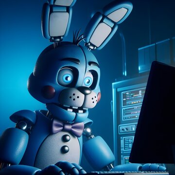 A blue rabbit animatronic looking at the screen with ipelrealistic eyes.
