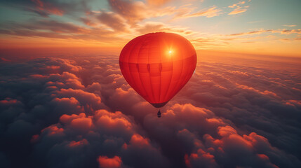 a red hot air balloon that flies above the clouds and through which the setting sun shines