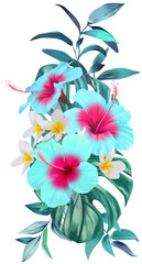 Beautiful tropical bouquet. Bright blue turquoise hibiscus flowers in vegetation. Jungle flowers, exotic