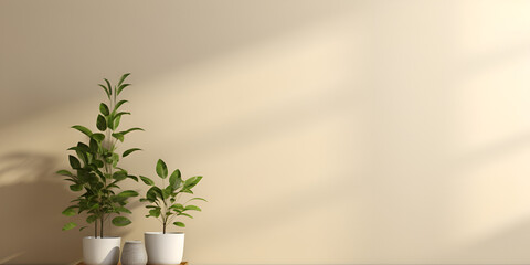  illustration Light beige wall background with branch leaves in vase soft shadow empty surface with copy space ,A plant in a pot is on a table in front of a window.,


