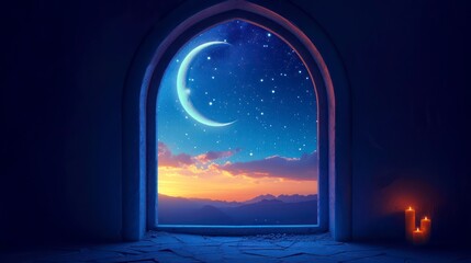 Mystical window with crescent moon in night sky. Generative AI