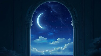 Mystical window with crescent moon in night sky. Generative AI