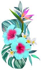 Beautiful tropical bouquet. Bright blue turquoise hibiscus flowers in vegetation. Jungle flowers, exotic
