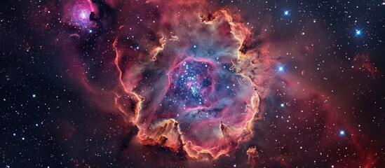 Obraz premium Unicorn constellation's rosette nebula emits red H-alpha radiation, resembling a rose flower shape.