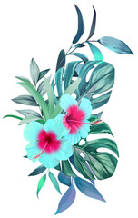 Beautiful tropical bouquet. Bright blue turquoise hibiscus flowers in vegetation. Jungle flowers, exotic