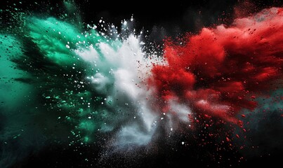 Green, white and red colored powder explosions on black background. Holi paint powder splash in colors of Mexican flag, Generative AI