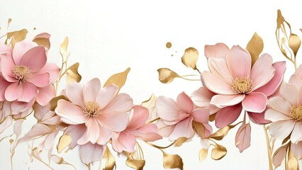 Abstract floral art background. Botanical watercolour hand painted pastel pink and gold flowers on white background