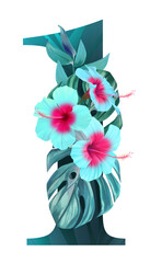 Alphabet. Number 1. Letters, numbers. Decorated in tropical style. Blue hibiscus flowers, palm leaves, flowers