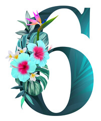Alphabet.  Number 6. Letters, numbers. Decorated in tropical style. Blue hibiscus flowers, palm leaves, flowers