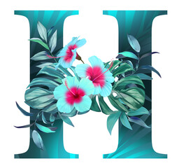 Alphabet. Letter h.  Letters, numbers. Decorated in tropical style. Blue hibiscus flowers, palm leaves, flowers