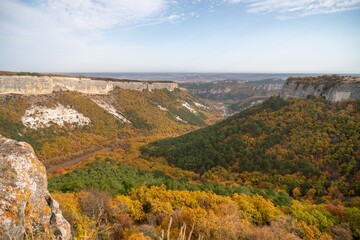 The autumn landscape of the mountain valley is an amazing, beautiful place at any time of the year. Hiking. Nature