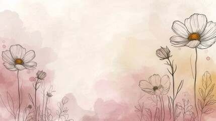 Watercolor flowers with pink hues and a sketched style on a misty background.
