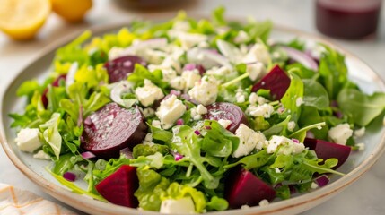 Beetroot and feta cheese salad on a large plate with green leafy vegetables.