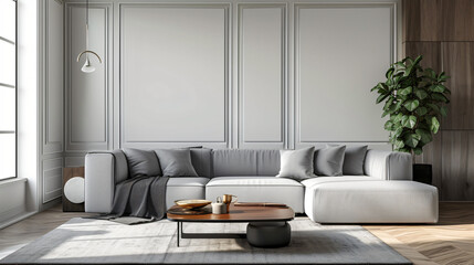 Grey sofa with cushions in interior of modern light